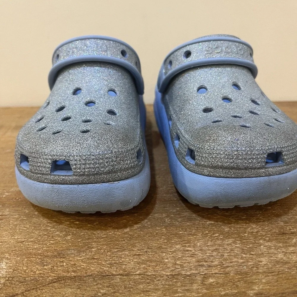 Crocs Kids C13 Platform Clogs Blue Glitter Classic Comfort Strap Slip‎ On Shoes